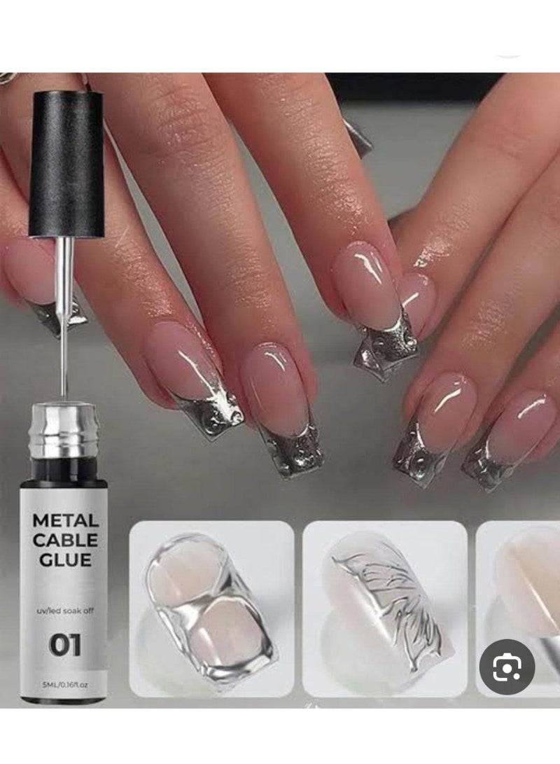 جل الرسم المعدني للأظافر (Metal Cable Glue) - فضي ميتاليك ثلاثي الأبعاد - تأثير المرآة السائل لفن الأظافر الاحترافي - سهل الاستخدام ويدوم طويلاً - Image 1